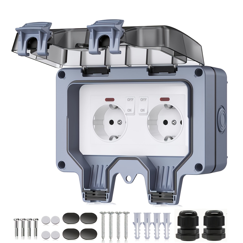 Prize electrice de exterior EU IP66, prize simple și duble montate pe suprafață pentru utilizare în exterior, prize de grădină cu contacte de protecție, prize de perete cu capace cu balamale, concepute pentru utilizare în zone umede și grădini