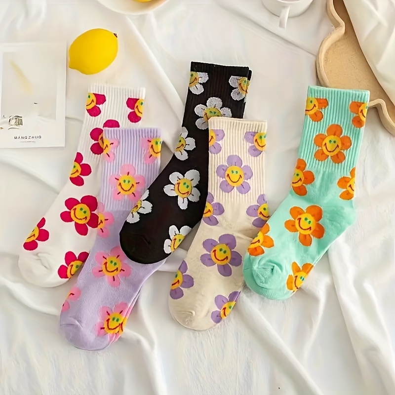 

5 Pairs Of Cute And Stylish Mid-calf Socks For Teens Featuring A Sunny , A Trendy, Look Sports.