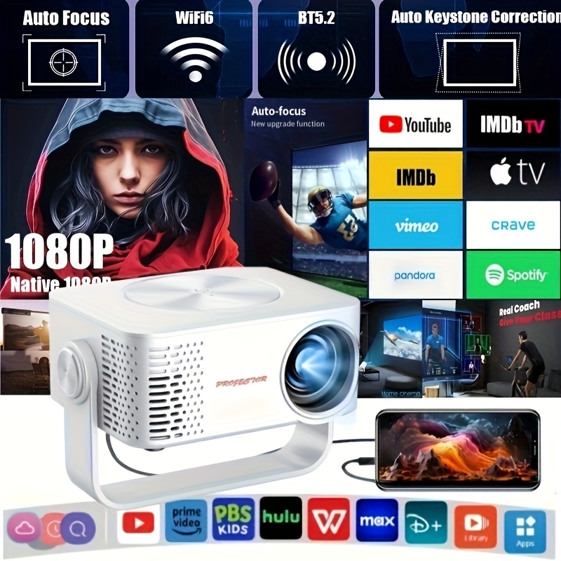 TEMU Smart Projector With Android 11.0 Os, 4k Support & Wifi 6/wireless 5.0, 1080p Native Resolution, 180° Rotation, Built-in Speakers, Smart Tv
