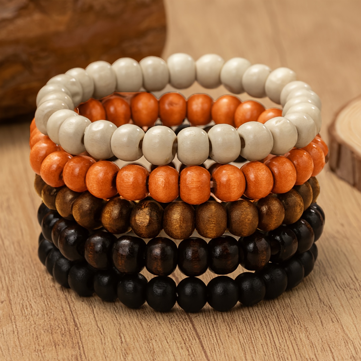 TEMU 5pcs Vintage Minimalist Men's Style Round Wooden Bead Elastic Stackable Bracelet Jewelry Gift For Daily Wear