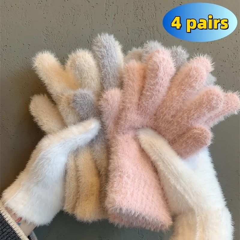 

4/1pair Fashion Winter Gloves Plush -proof Gloves Women Outdoors Cycling Solid Color