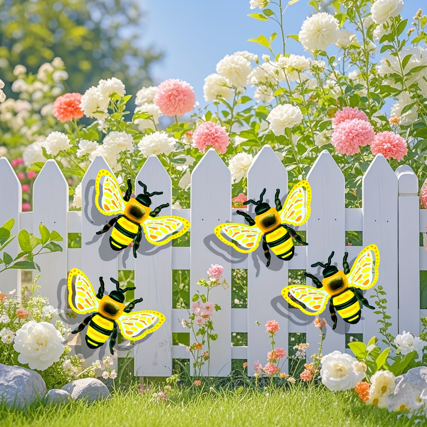 Image of 4pcs Vibrant Metal Bee Wall Decor - Colorful Garden Ornament, Durable Iron Crafts For Indoor/outdoor Use, No Electricity Needed, Home & Garden, Bee Decor