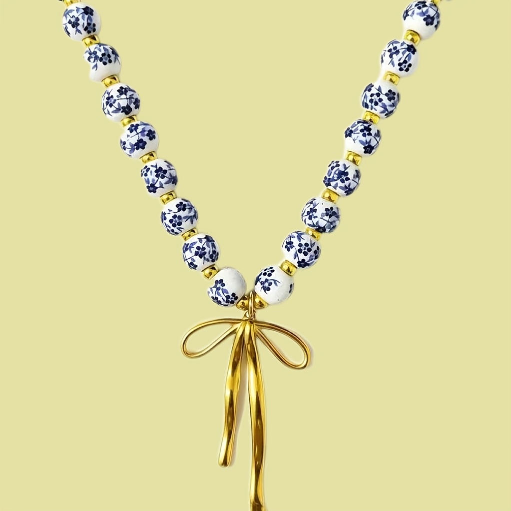 TEMU 1pc Elegant Temperament New Chinese Style Niche Premium Long Blue And White Bead Bow Pendant Women's Necklace Versatile Suitable For Gifting And