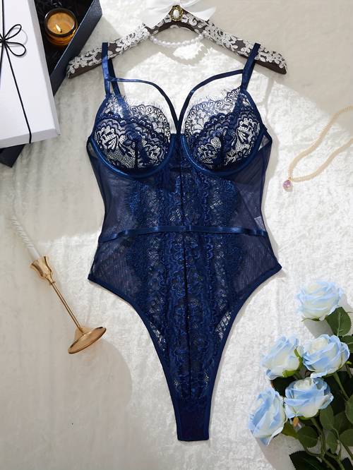 womens lace bodysuit blue lace splicing mesh bodysuit with underwire gathered bra bodysuit cup edge straps evening dress soft and comfortable suitable for daily underwear wedding party vacation romantic night
