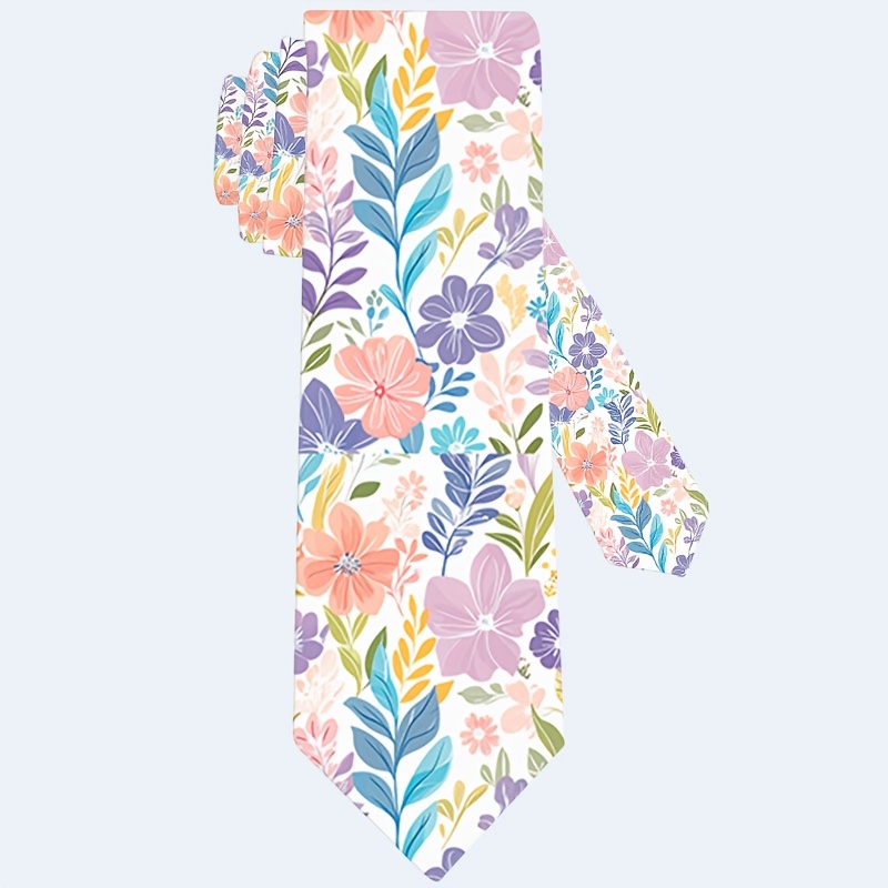 TEMU A Floral Patterned Tie Featuring Multicolored Flowers And Green Leaf Accents, Weddings, Dates, Parties, And Casual Outfits. It's A Stylish