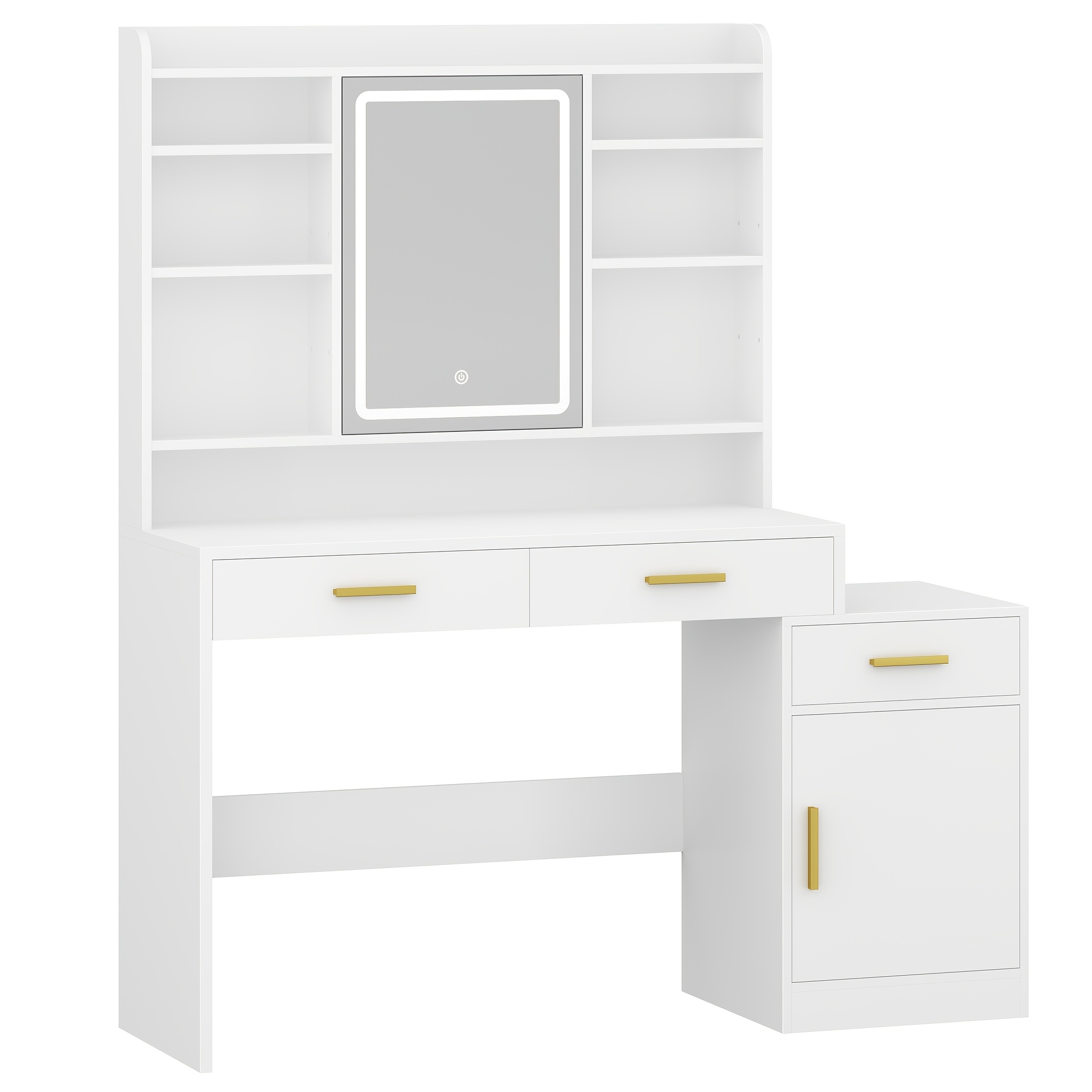 E-shop Schminktisch, große Tischplatte mit Spiegel, 3 Schubladen 1 Schrank, offene mehrstufige Regale, für Schlafzimmer, Kleiderschrank, 40 x 130 x 149