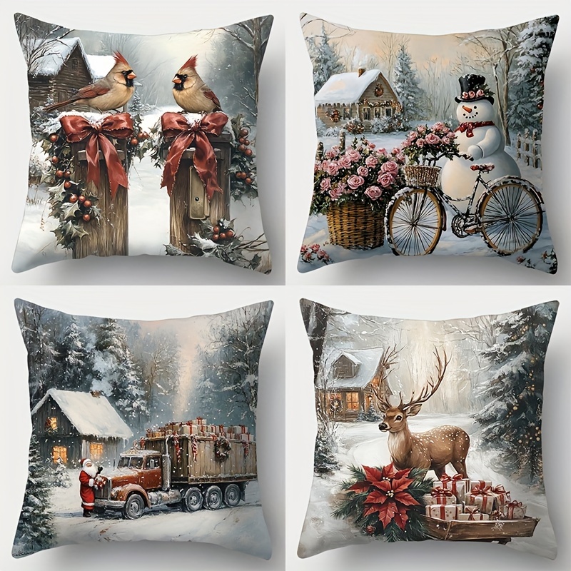 

4-piece Set, Christmas Themed Pillowcases, 17.72x17.72 Inches, Contemporary Style, Polyester, Zippered Covers, Printed Designs With Snowman, Santa, Deer, , House, For Living Room Sofa Decor