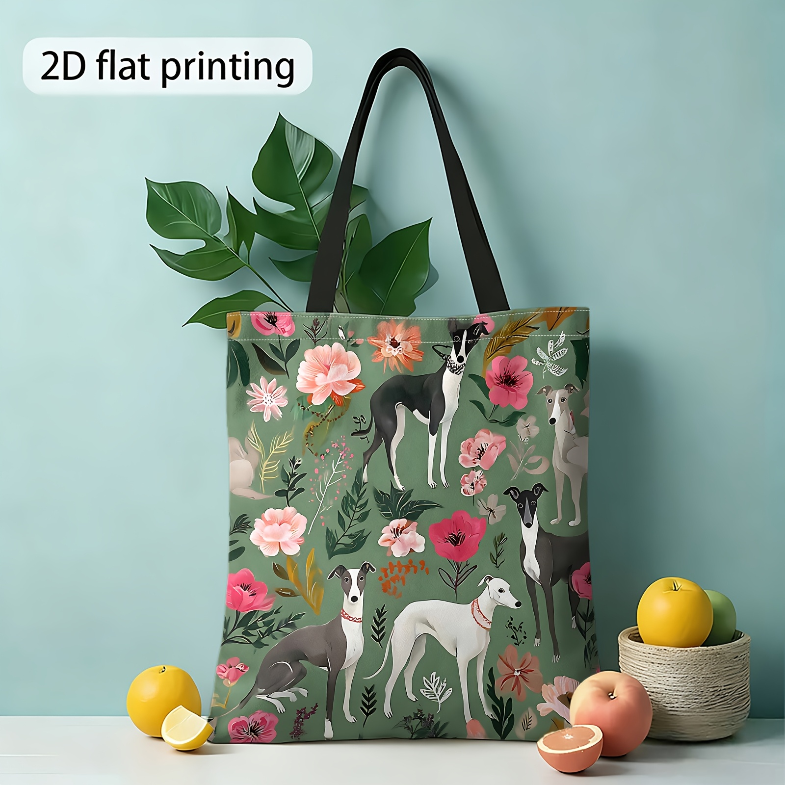 TEMU 1pc, 2d Printed Tote Bag, Floral, Greyhound Pattern, Reusable Women's Shoulder Bag. Suitable For Daily Shopping, Vacation And Work , Can Easily