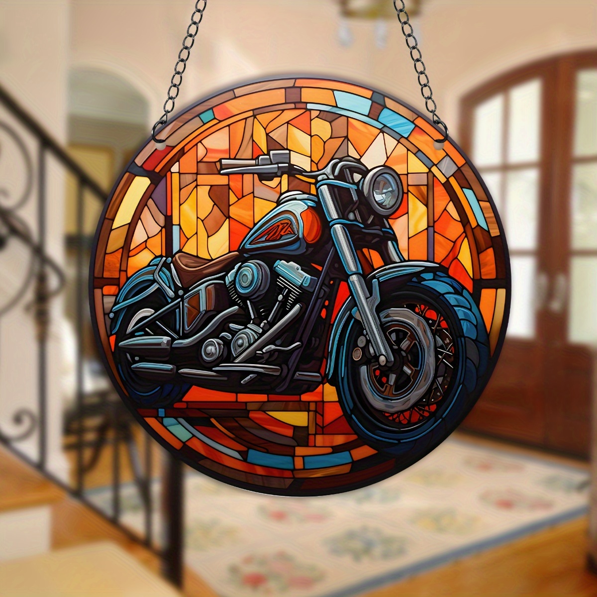 

1pc, Motorcycle Acrylic Hanging Sign, Suncatcher, Stained Window Hanging, Acrylic Holiday Decor, Round Sign, Wreath Sign, Hanging Decor, Window Decor Porch Decor Wall Decor, 5.9 In/15cm