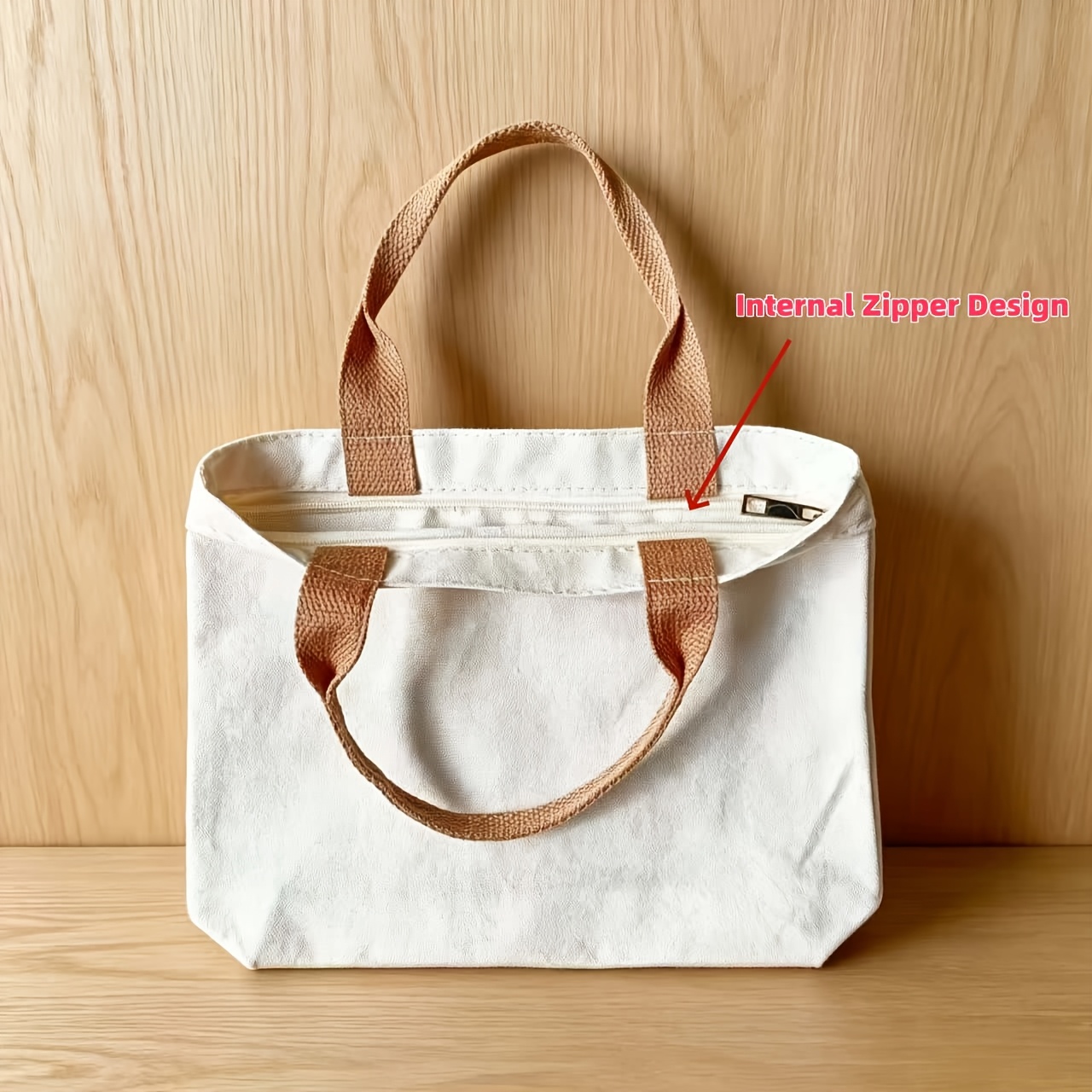 TEMU Beige Tote Bag, Zippered Handbag, Reusable Daily Casual Mini Shoulder Bag, Suitable For Shopping
