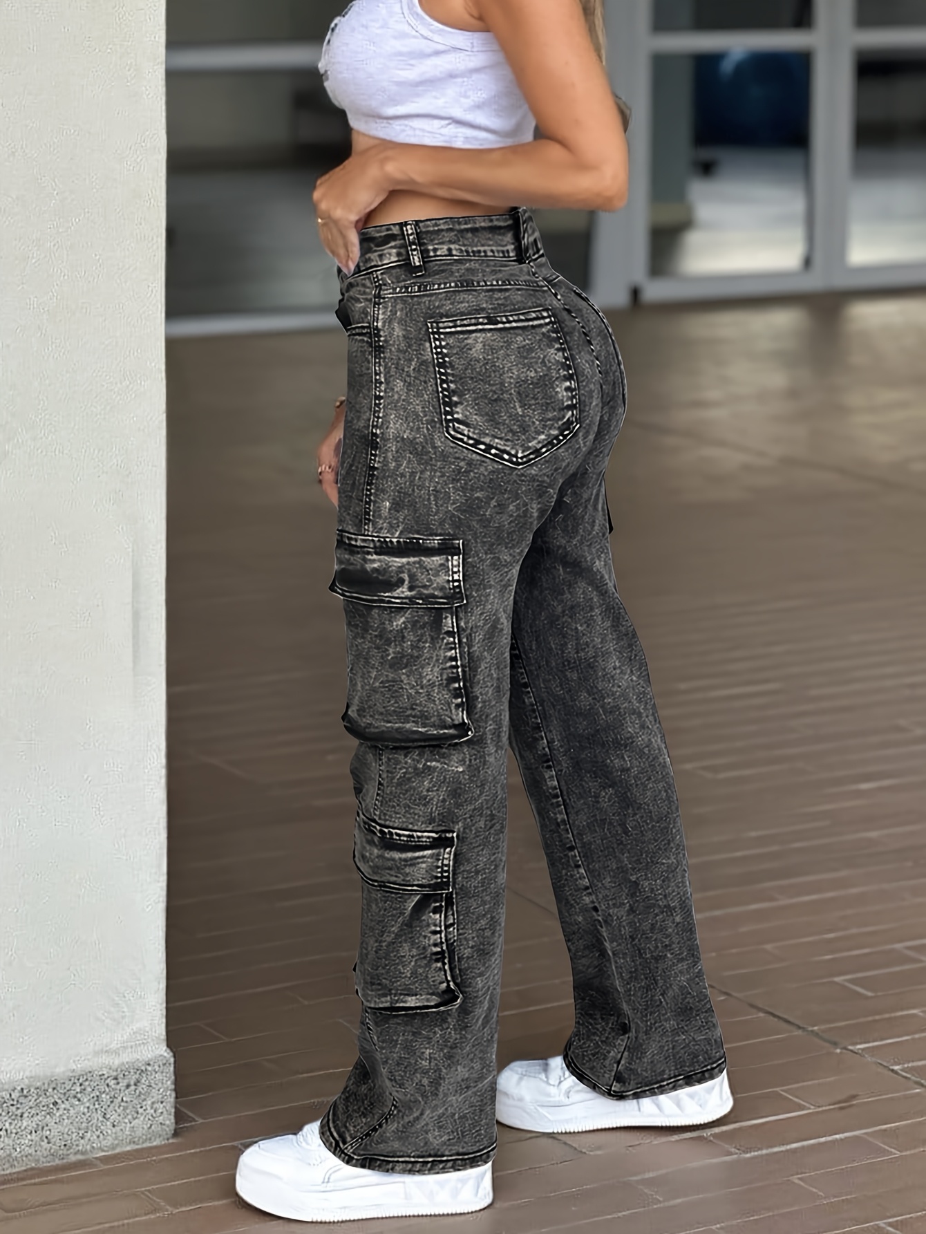 25AW Women'S Casual High-Waisted Cargo Pants with Multiple Pockets - Stretchy, Loose Fit, Mid-Waist Gray Jeans, Ideal for Everyday Wear, Comfortable Clothing|Casual Style Pants| Medium Stretch Fabric