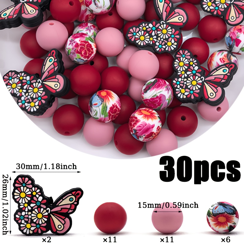 TEMU 30pcs Silicone Beads, Fun -shaped Design With Round Printed Loose Spacer Beads. Suitable For Enthusiasts To Make Decorative Pens, Bracelets,