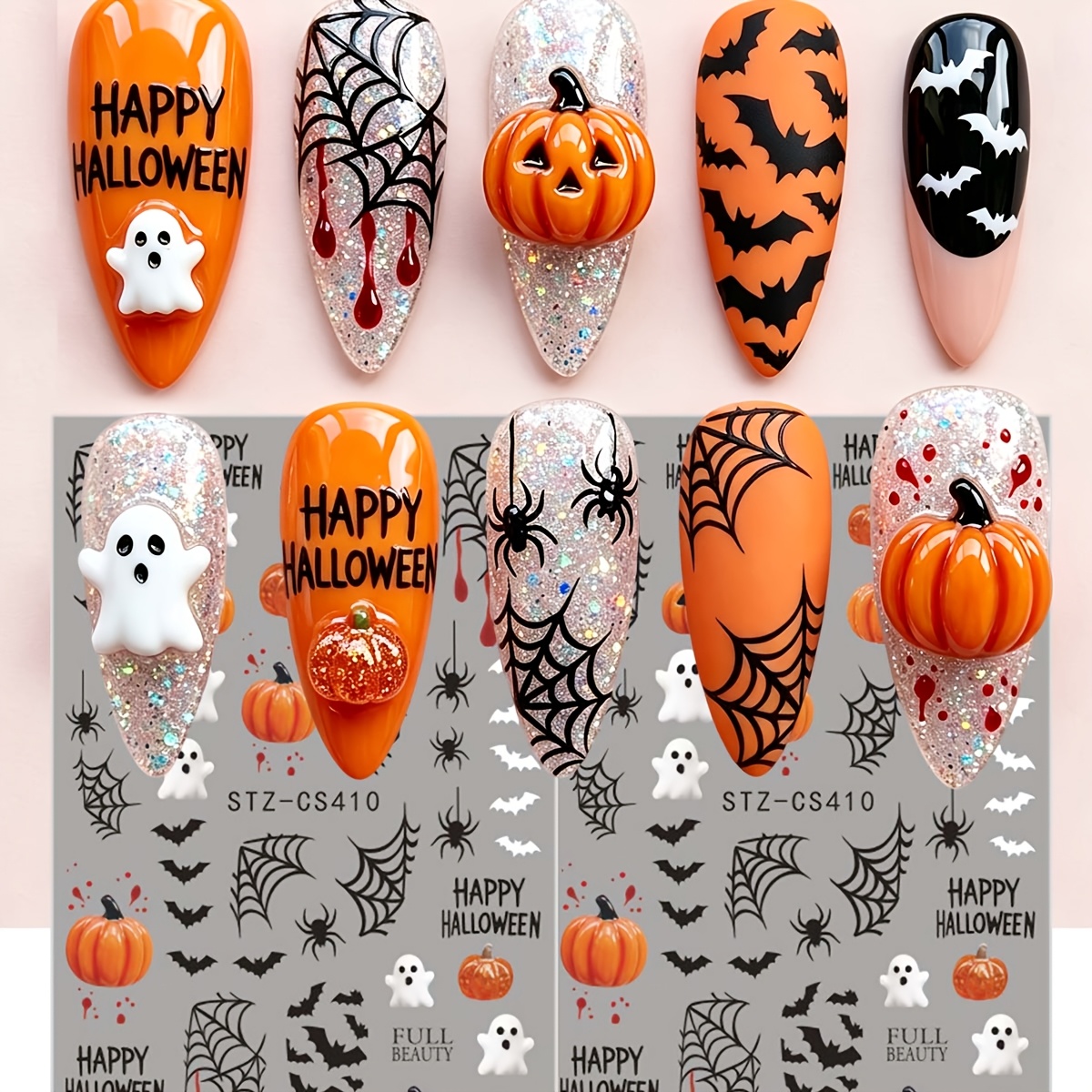 Image of 2pcs Cute Pumpkin Halloween Nail Stickers Web Bat Decals For Trick Or Treat Party Nail Decor Women Nail Supplies