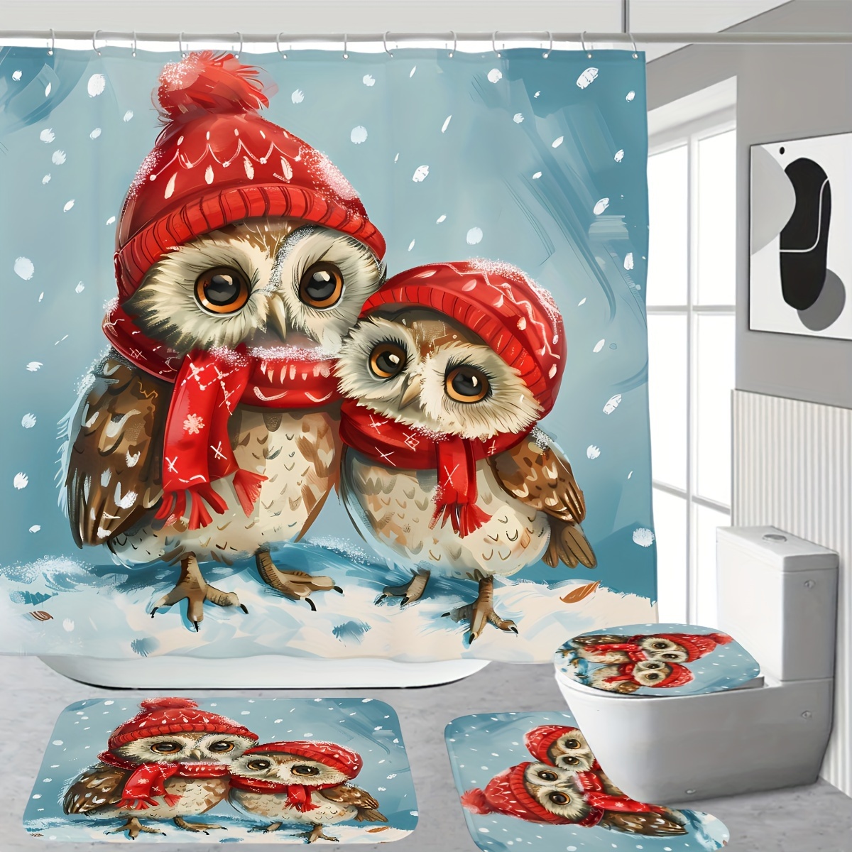 

Owl Shower Curtain Set: Includes 1/4 Pcs Christmas Decorated Curtain, , And Bath Mat 12 Plastic - 180*180cm