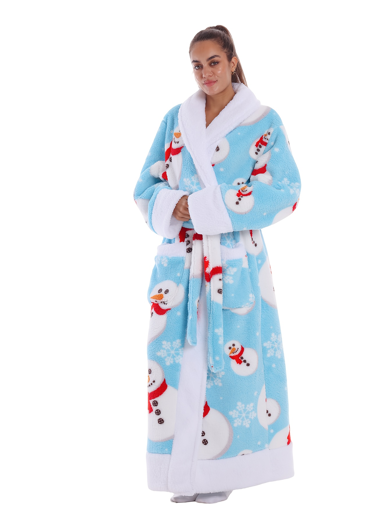 2025--Blue Snowman--Christmas--Hot Selling--Women'S Autumn and Winter--Home Robe--Long Sleeve Bathrobe--Warm Sleeprobe--Extended and Thickened