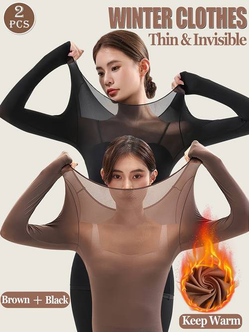 imagen del artículo 2 piezas de ropa interior térmica para mujer - camisetas sin costuras y sin marcas, delgado elasticidad, larga y cuello , capa base y ideal para otoño e invierno, uso casual y en capas