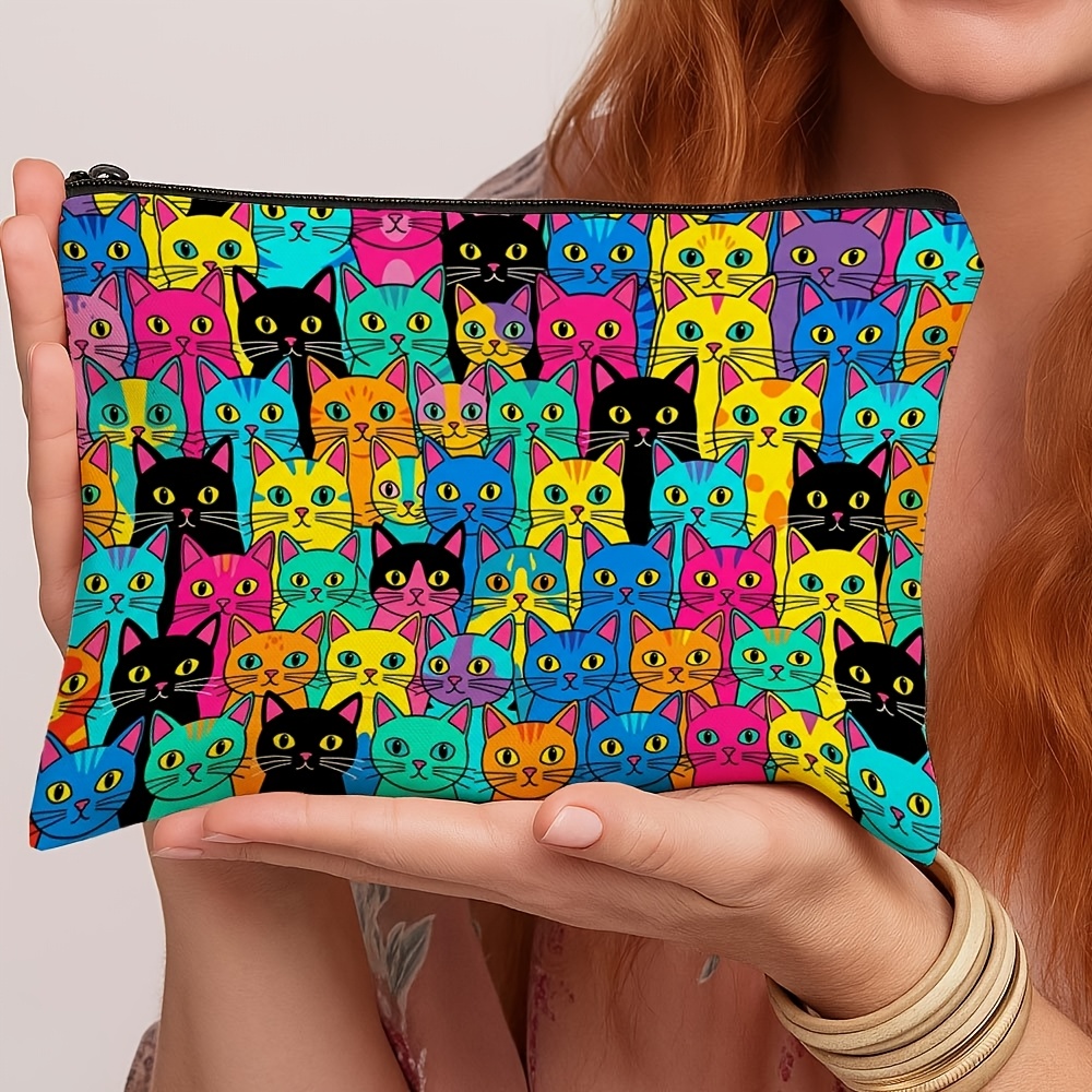 item picture 1pc double sided 2d printed womens   art cat toiletry bag vibrant colors suitable for cat print makeup storage pouch zippered portable makeup case simple travel organizer bag suitable for gym daily use wet wipe wiping