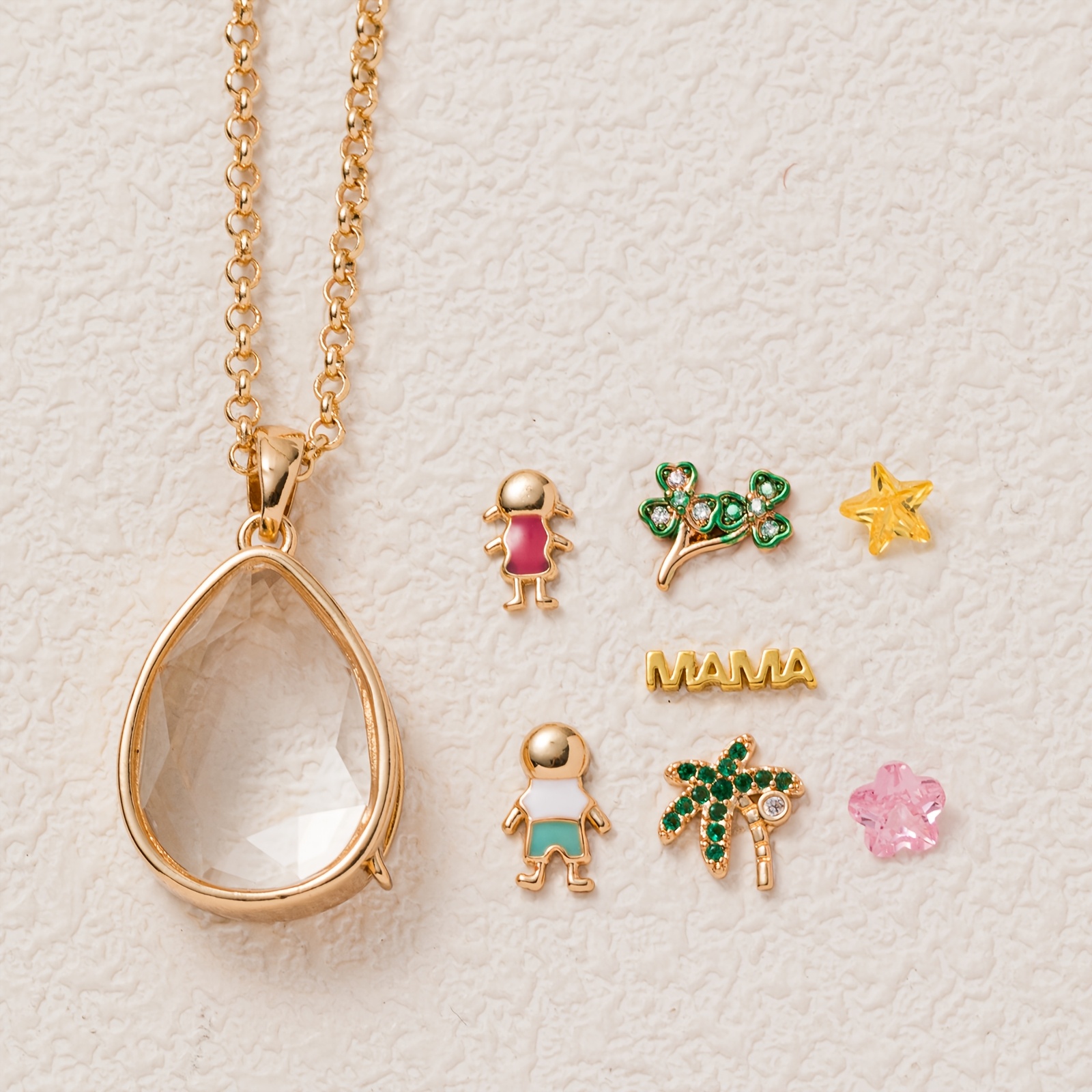 TEMU Set combinato da 8 pezzi con e chiusura, scatola di vetro a , set combinato per collana, gioielli significativi, inclusi famiglia, fortuna e