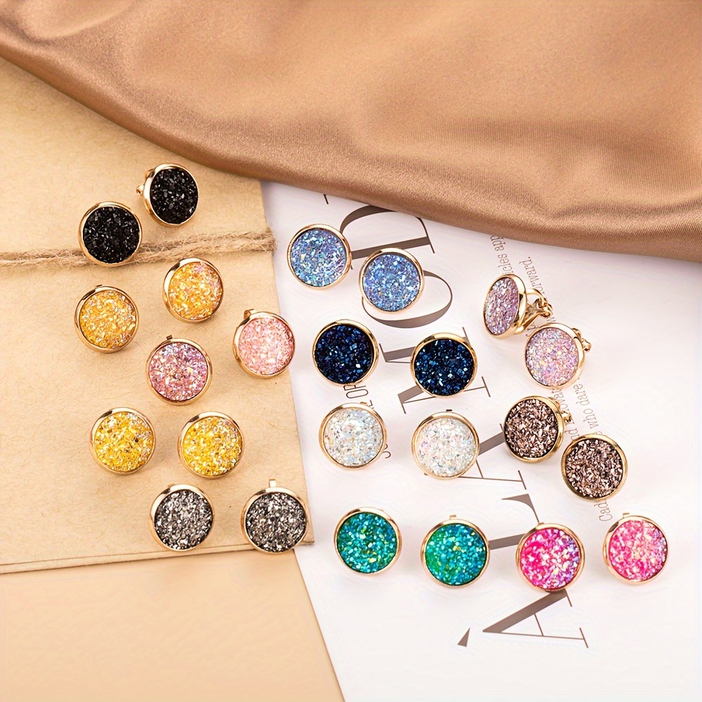 

12 Pairs Non-piercing Earring Round Artificial Gemstone Inlaid Earring Set Elegant Clip-on Resin Stud Earrings For Women Round Shaped Ear Ornaments For Women