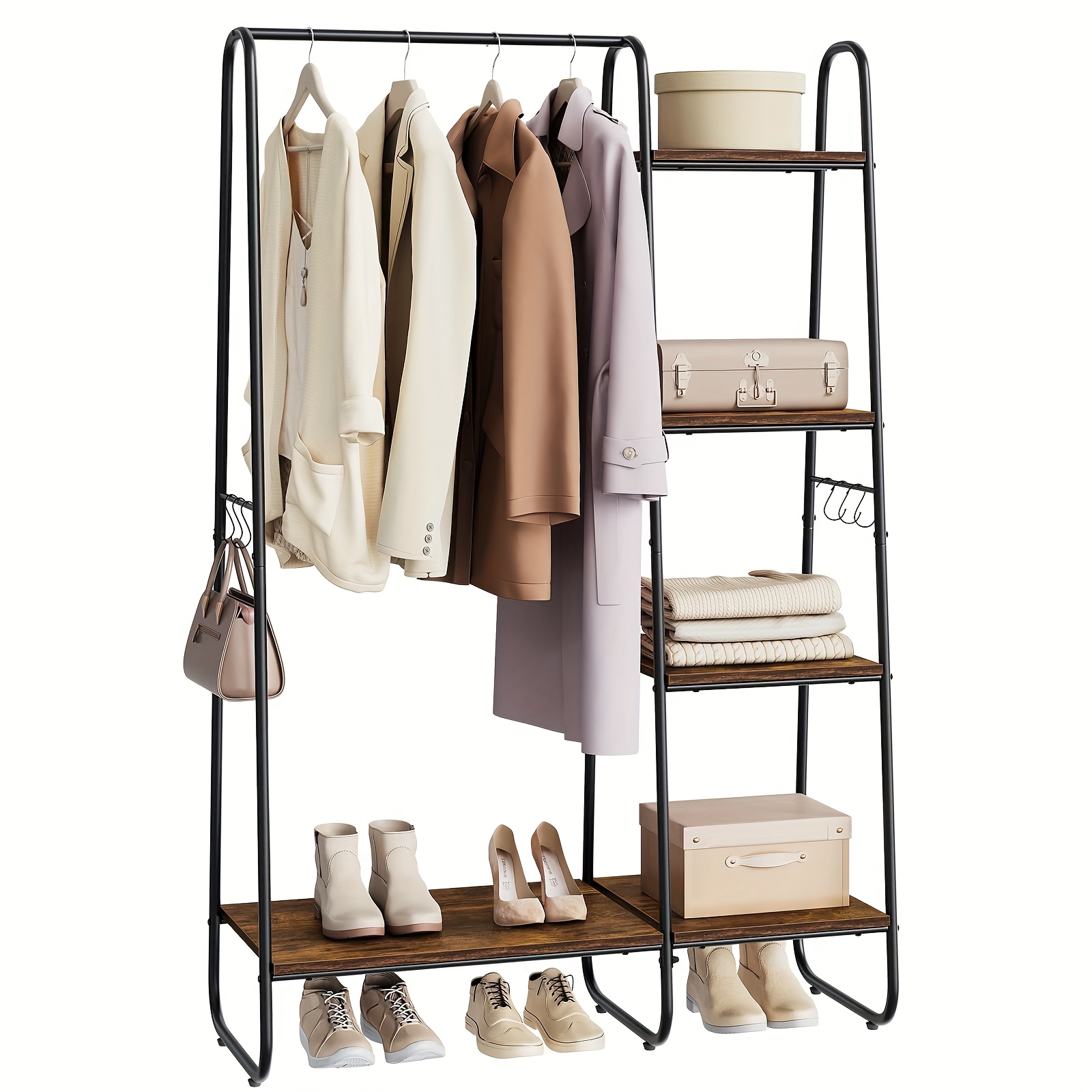 Image of 1pc Clothes Rack, Clothes Rail, 5 Clothes Shelves, 6 Coat Hooks, Coat Stand, Black Metal, Coat Stand, Freestanding