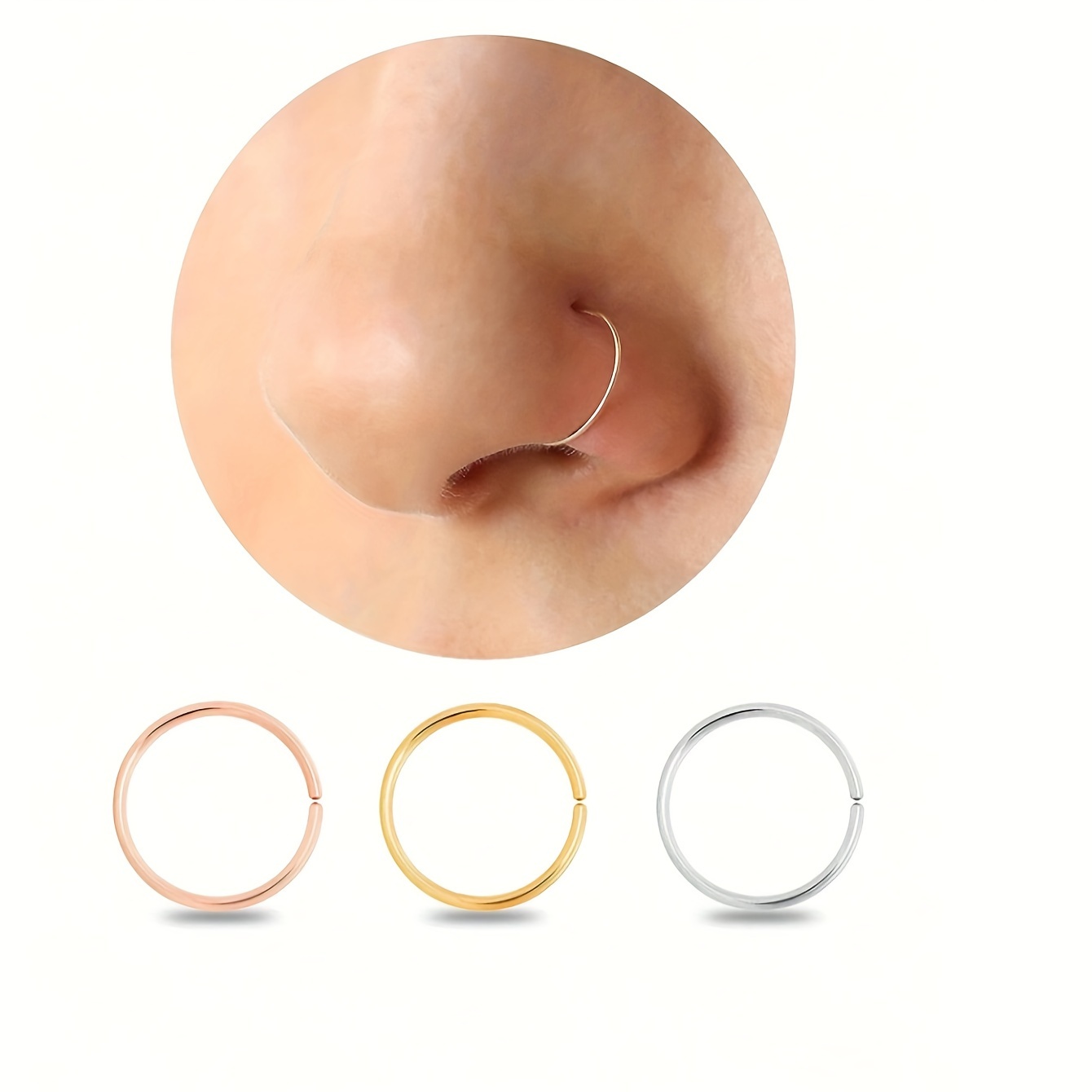 3pcs Silvery Nose Rings Hoops For Women/men, 22 Gauge 8mm Small Thin Nose Piercing Jewelry, Tiny Septum Cartilage Helix Tragus Earrings Hoops