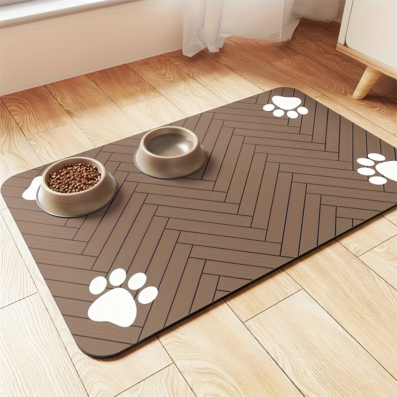 Image of Non-slip Quick-dry Geometric Fishbone Paw Print Dog Feeding Mat - Durable Polyester Pet Food And Water Bowl Pad For Small To Medium Dogs, Easy-to-clean