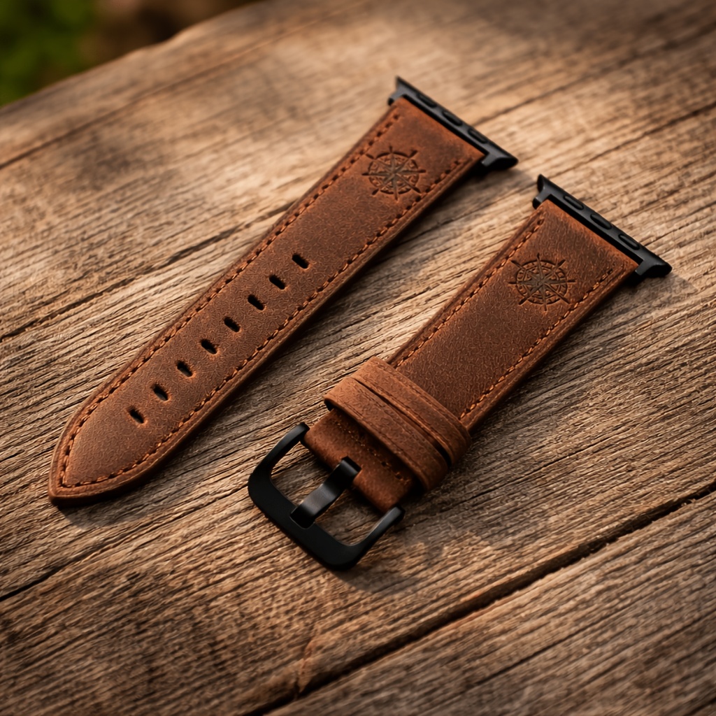 E-shop Handgefertigter Lederarmband für Apple Watch, Kompassrose geprägtes Retro-Armband, -Effekt aus echtem Leder, robustes Uhrenarmband für starke