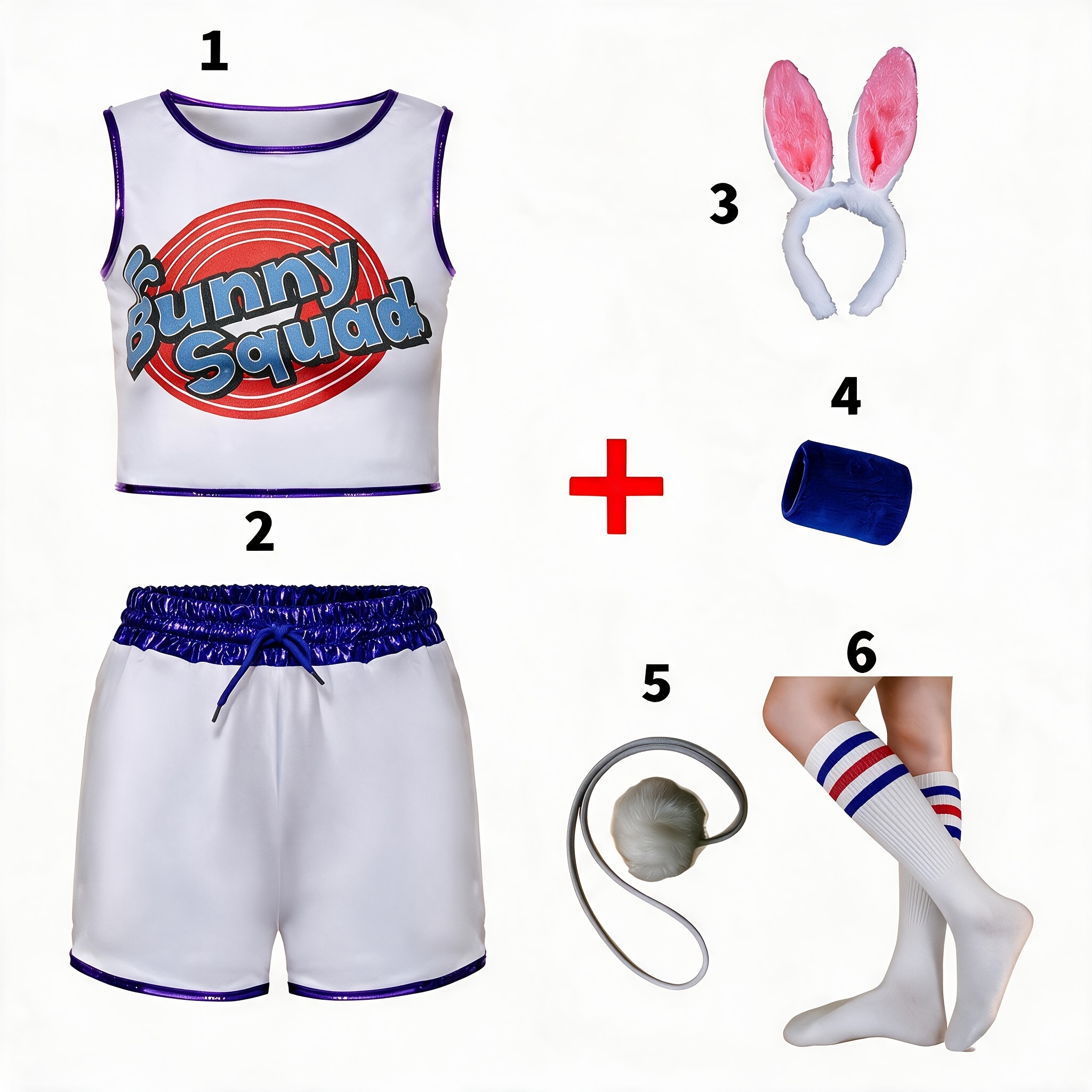 TEMU Women's Stretchy Sexy Bunny Costume For Halloween, Christmas, Carnival, Cheerleader Party Outfit, 6pcs Set: Bunny Ear Headband, Vest, Shorts,