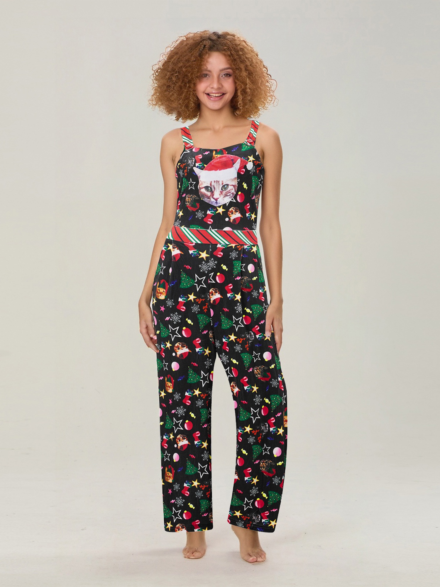 Christmas Jumpsuits for Women Fall Casual Sleeveless Santa Print Overalls  Cute Rompers with Pocket Holiday Costume