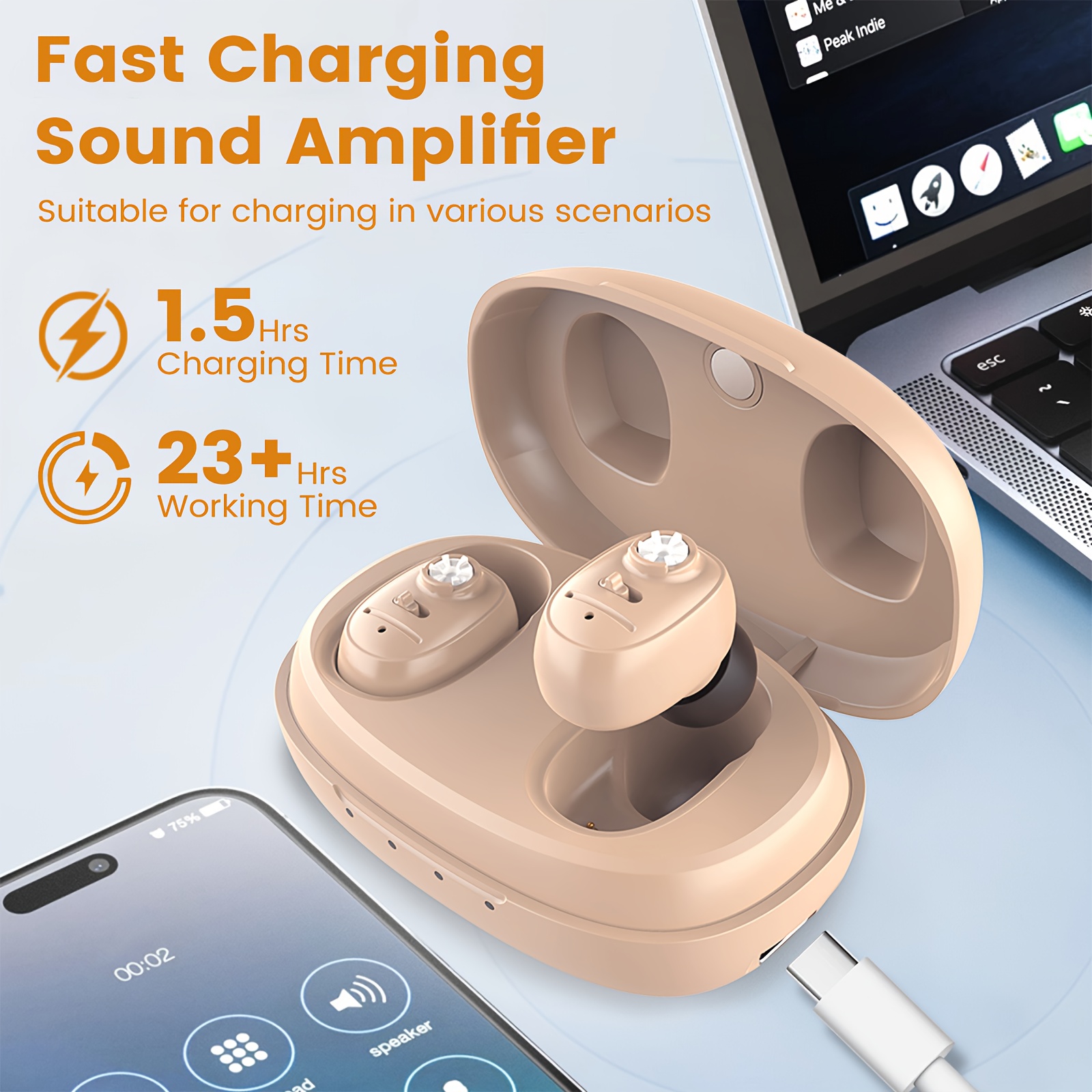 WEIYII 2+1pc Sound Amplifier Earphone Set Charging Box And A Pair Of High-performance Chip Hearing Amplifiers, USB Interface for Convenient Charging, Long Battery Life Lightweight And Comfortable Suitable for Meetings, Social Occasions, Daily Life