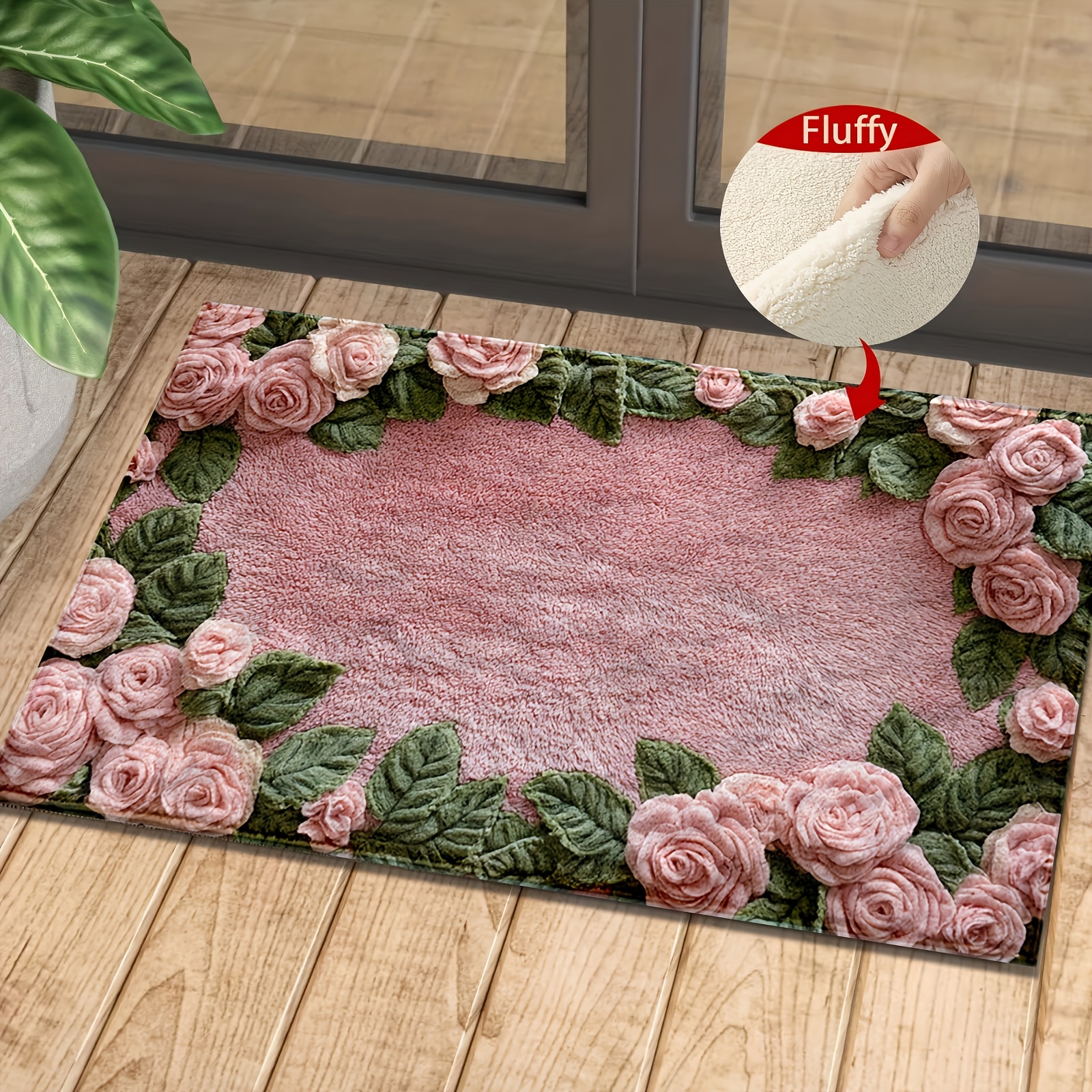 

Machine Washable Pink Rose Pattern Non-slip Bath Mat, Cashmere Microfiber Rug, Low Pile Knit Fabric Polyester Bath Rug, With Tpr Backing, For Bathroom, Bedroom, Kitchen, Entryway