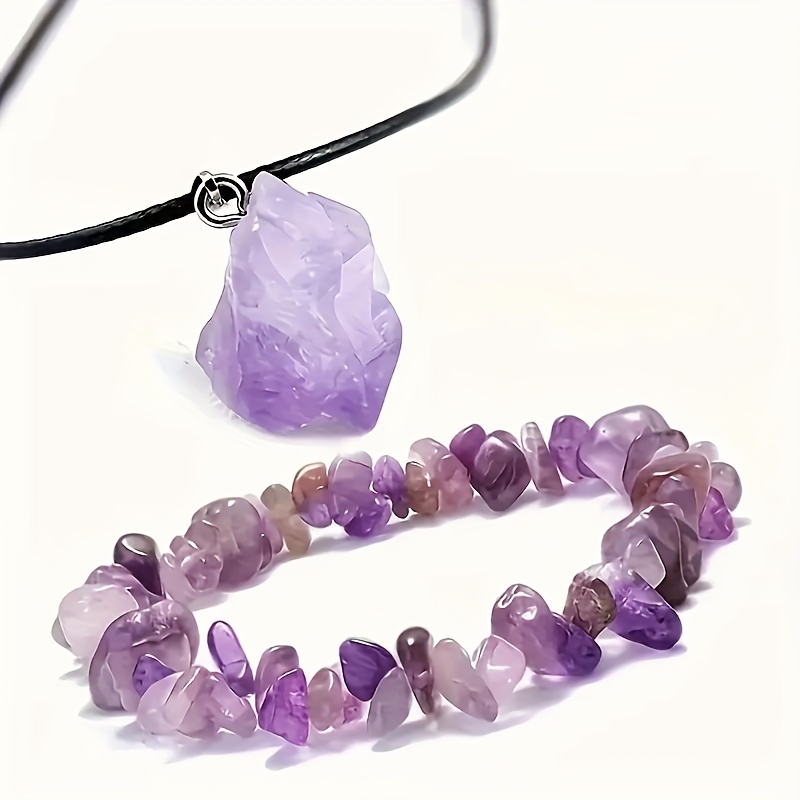 

2pcs/set Natural Amethyst Quartz Pendant Necklace & Purple Gemstone Chip Bracelet, Unisex Gift Natural Stone Jewelry Set For Lovers, Festive Gift