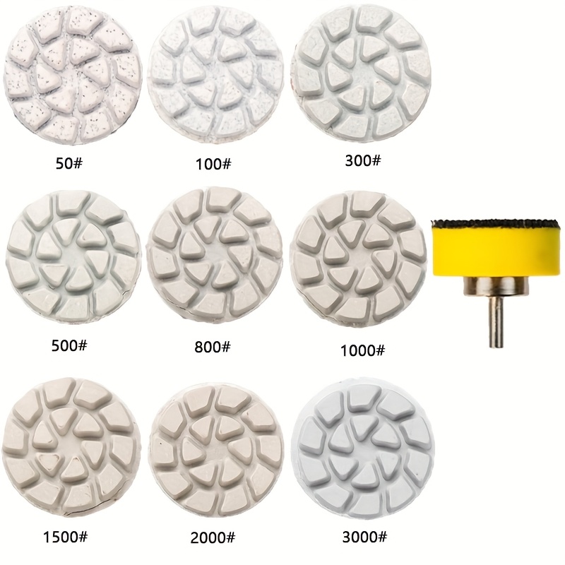 Image of 10pcs/set 1 Inch Water Polishing Pads For Marble | Granite, Jade & Stone Restoration – Wet/dry Grinding Discs With 50-3000 Grit | 3mm Handle Diameter Adhesive Disc