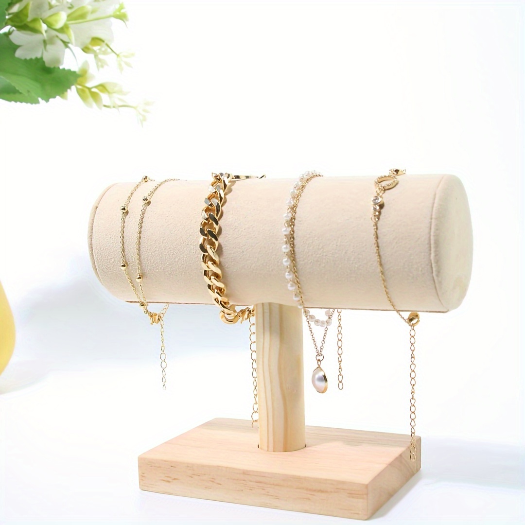 TEMU Chic Wooden Bracelet & Watch Display Stand - Single Layer, Flannel-lined Jewelry Organizer For Desk, Utility Hooks