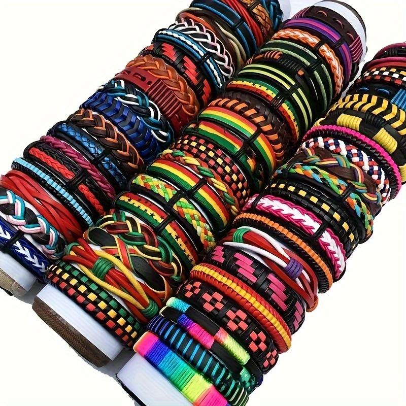 TEMU 10pcs Retro Colorful Faux Leather Bracelet, Cuff Wristband, Fashion Party Jewelry Best Gift For Men