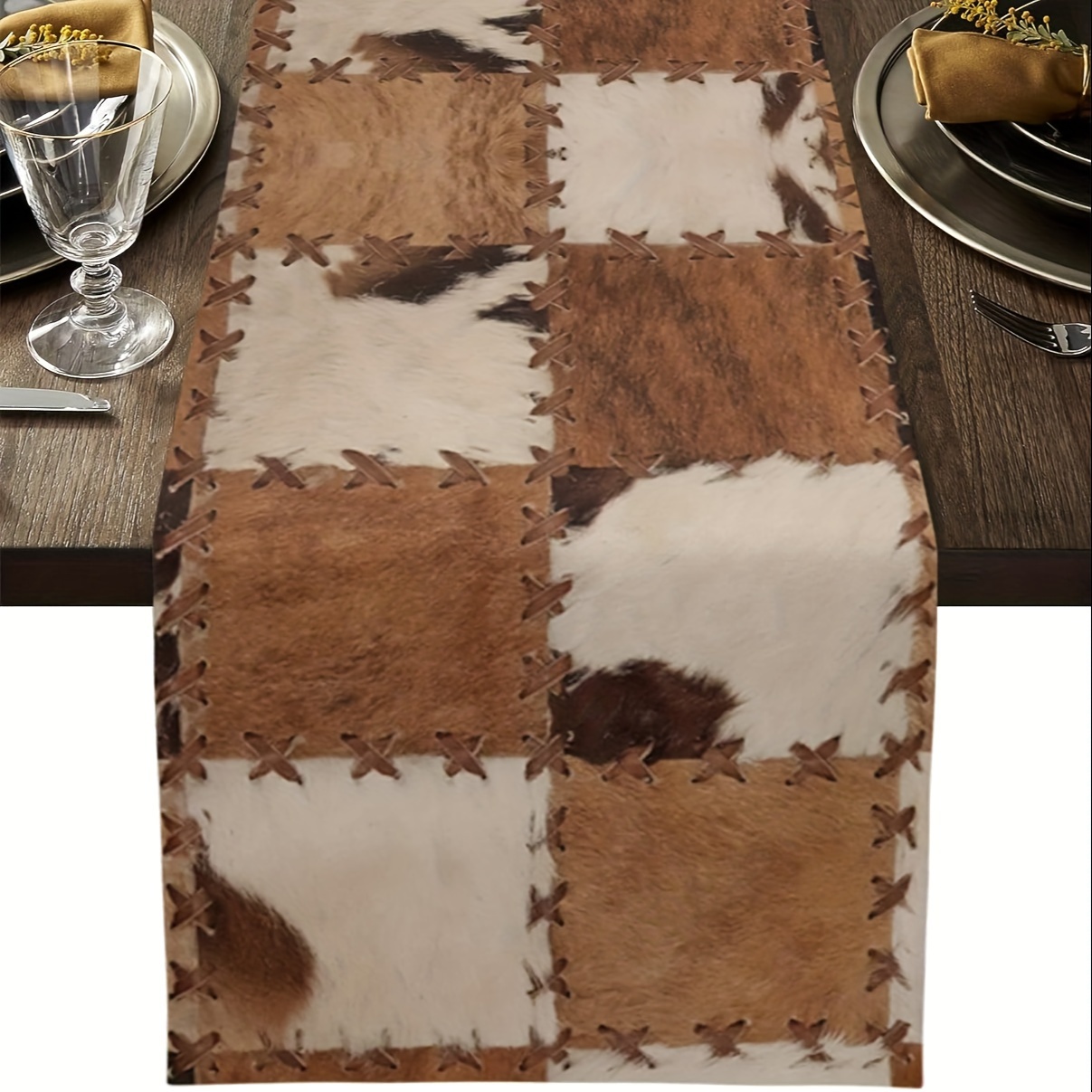 

1pc, Table Runner, Cowhide Leather Animal Hair Printing Table Runner, Vintage Splicing Grid Dresser Scarf, Kitchen Dinning Table Decor For Indoor