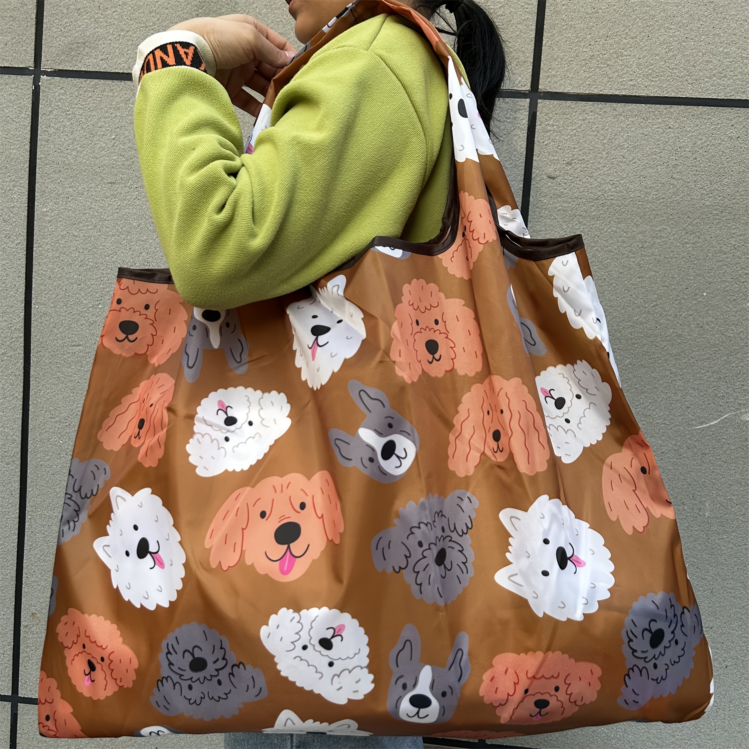 Image of Cartoon Dog Print Nylon Reusable Shopping Bag With - Foldable Supermarket Tote, Portable Travel Bag For Christmas, Halloween, Easter, Hanukkah, Thanksgiving