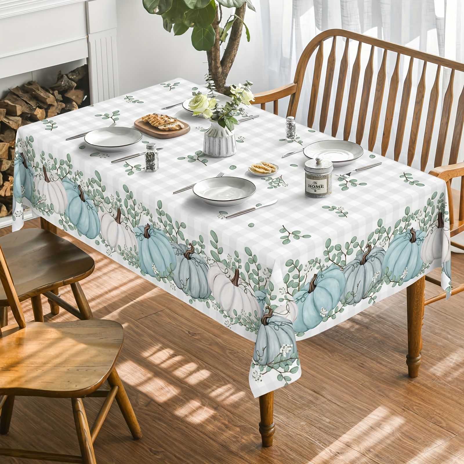 

Festive Autumn Tablecloth: 55" X 71" Rectangular, Thanksgiving Harvest Blue Pumpkin Grid Cover For Parties, Picnics, And Dinners