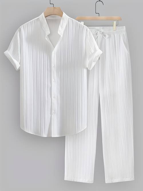 2pcs mens summer striped polyester set short sleeve stand collar shirt and drawstring pants non stretch fabric suitable for casual wear and beach vacations solid color