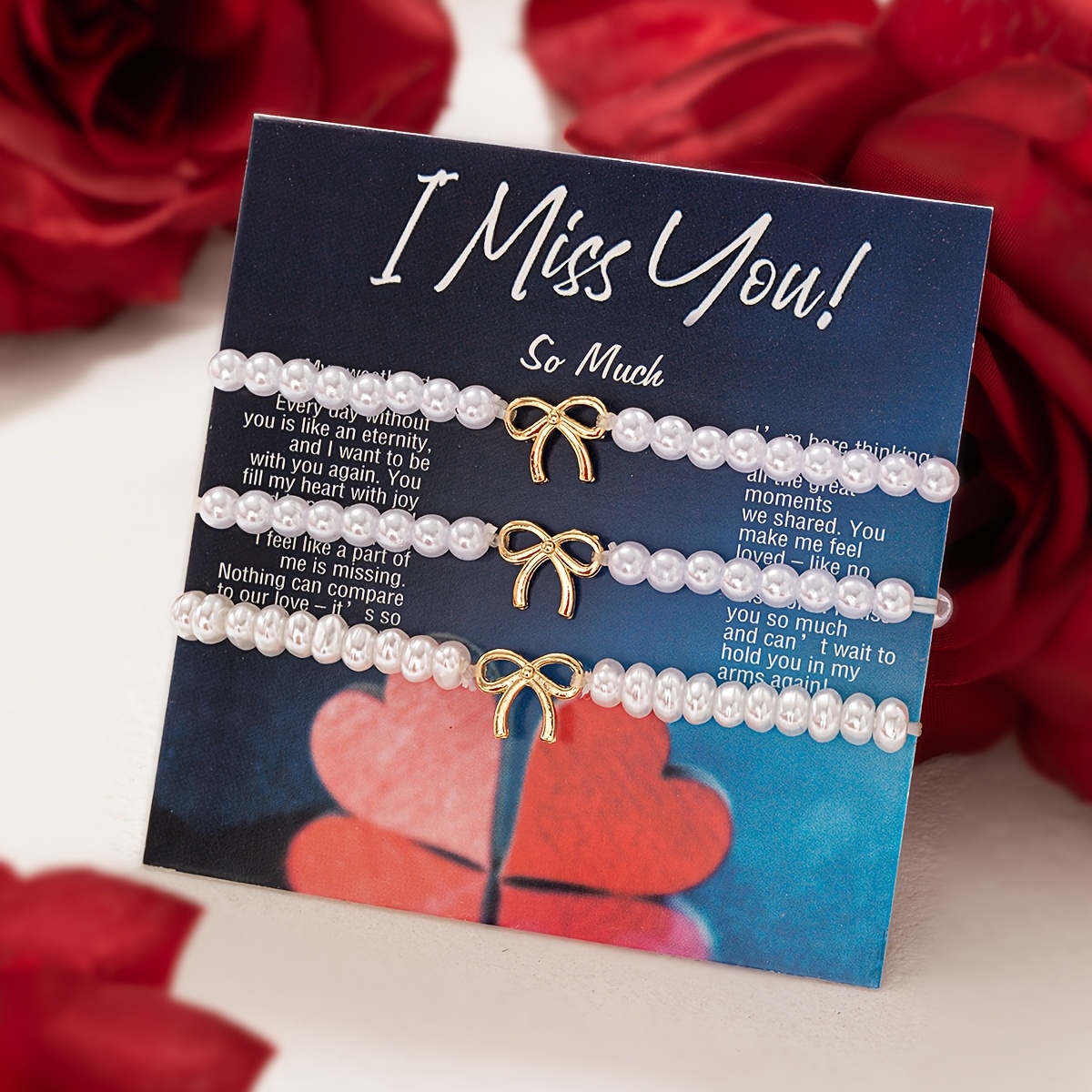 A Carded Set Of 3 Bow-shaped Pearl Bracelets For Valentine's Day