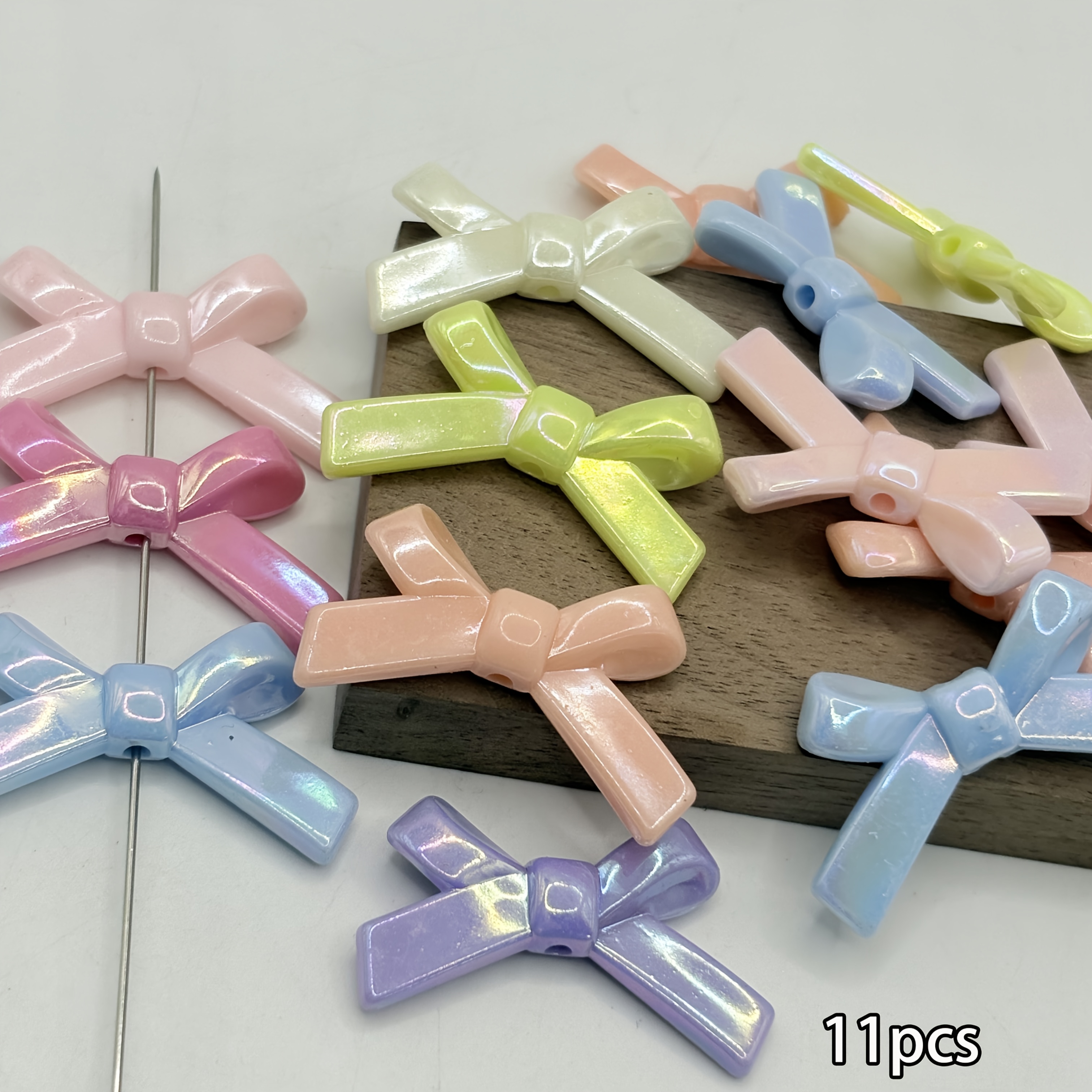 TEMU 11pcs Iridescent Bow Beads - 3.4*2.2cm Acrylic Straight-hole Bow-shaped Beads Suitable For Diy Crafts, Making, Nail Art, Bag Charms & |