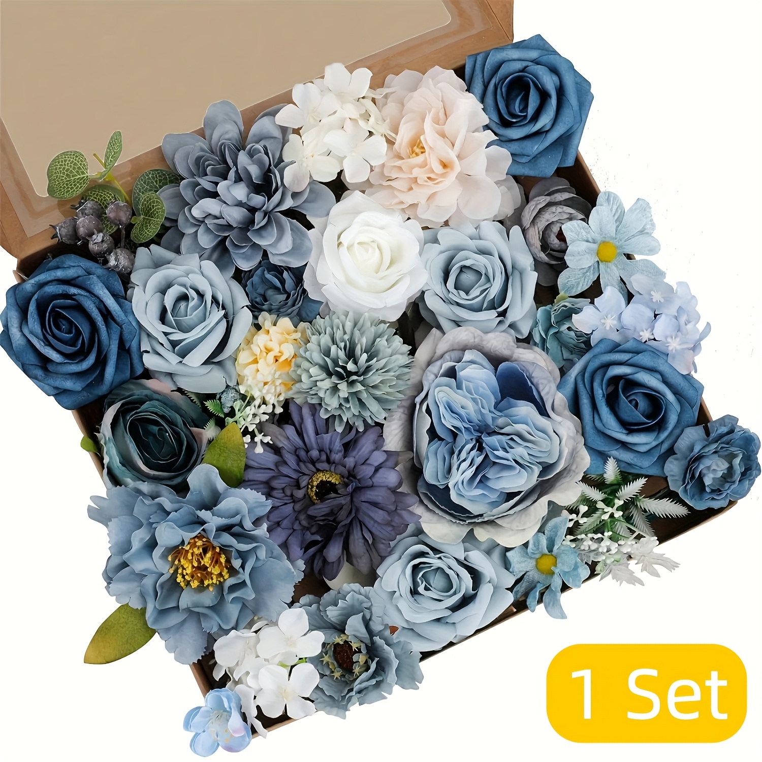 TEMU Artificial Flowers Combo Box Set Dusty Blue Flowers Fake Wedding Flowers Bulk For Diy Wedding Bouquets Centerpieces Arrangements Bridal Shower Table Decorations