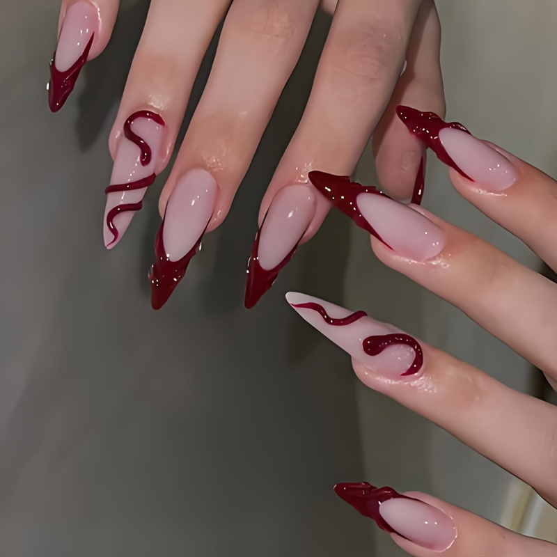 E-shop 24 Stück Lange Mandelform Press-On Nägel Rot 3D Nägel mit Schlangenmuster Extra Lange Stiletto Glänzende Vollabdeckung Kunstnägel Kunst Herbst