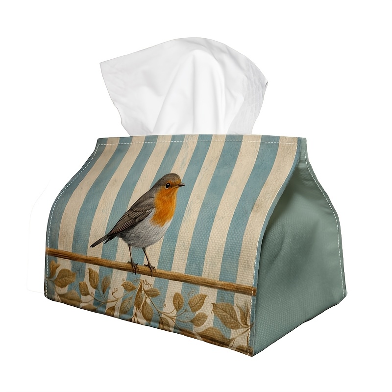 TEMU 1pc Tissue Box Vintage Botanical Rustic, Bird Stripe Blue Beige, For Living Room, Car, And Desktop Storage, Very Suitable For Living Room