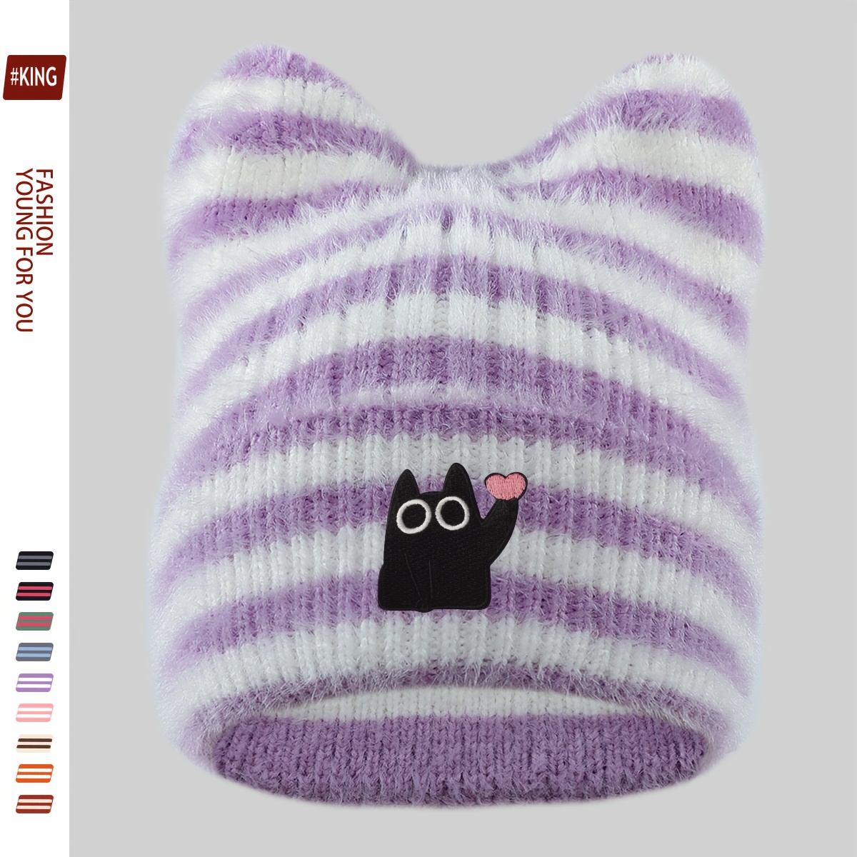 TEMU 1pc Heart- Big- Black Cat Thick Plush Cat Ear Hat, Urban Cartoon , Fluffy Brimless Hat For Men, Women, And Teens, Outdoor Trendy Skateboard Hat,