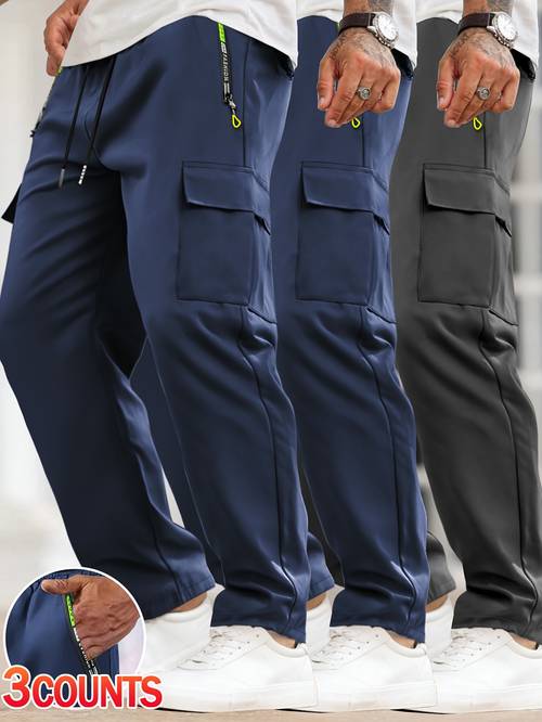 item picture 3pcs mens lightweight cargo pants with drawstring elastic waist zippered pockets and large flap pockets comfortable and breathable for outdoor and daily casual wear
