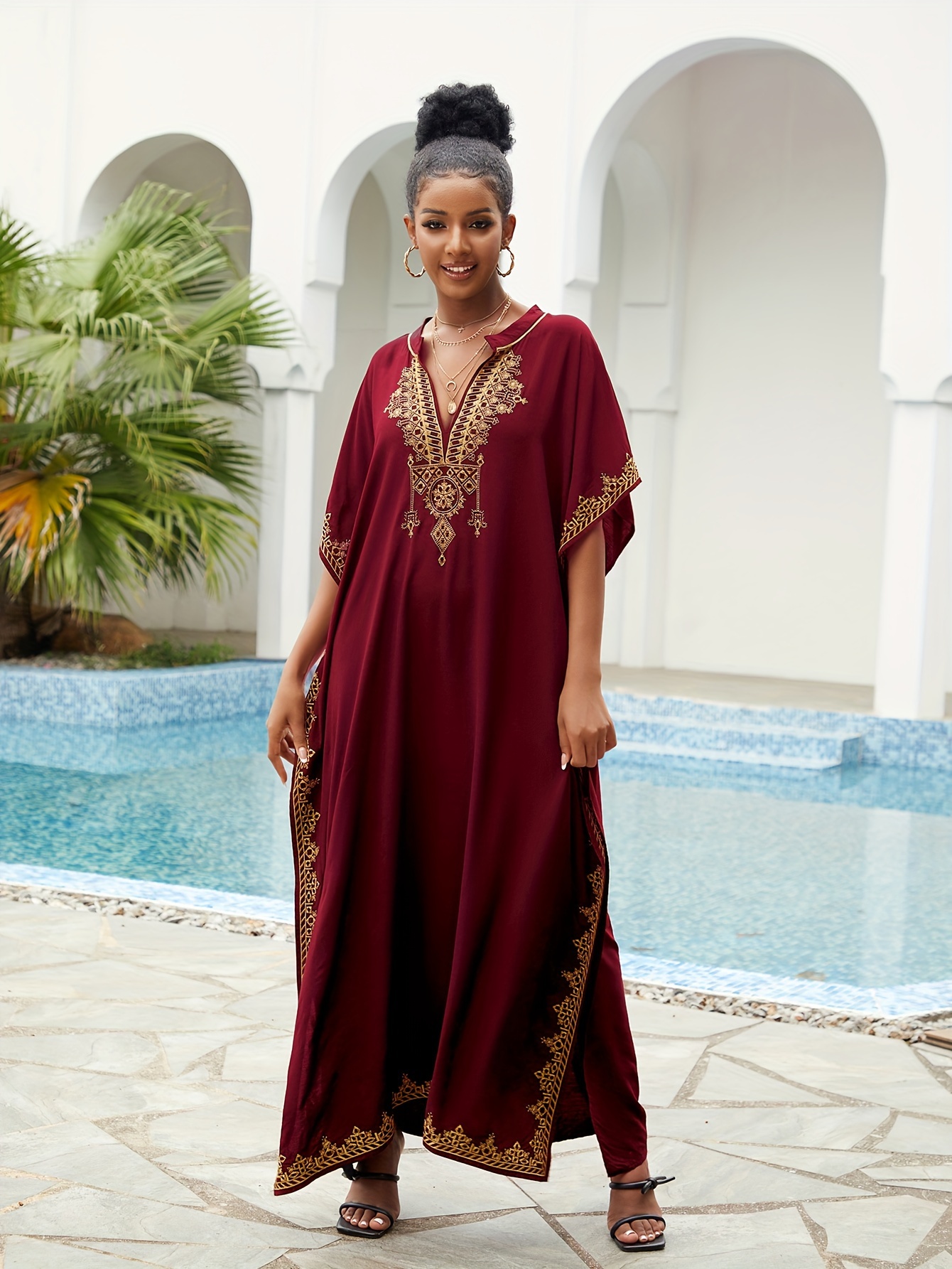 embroidered kaftan dress v neck beach cover casual vacation Temu