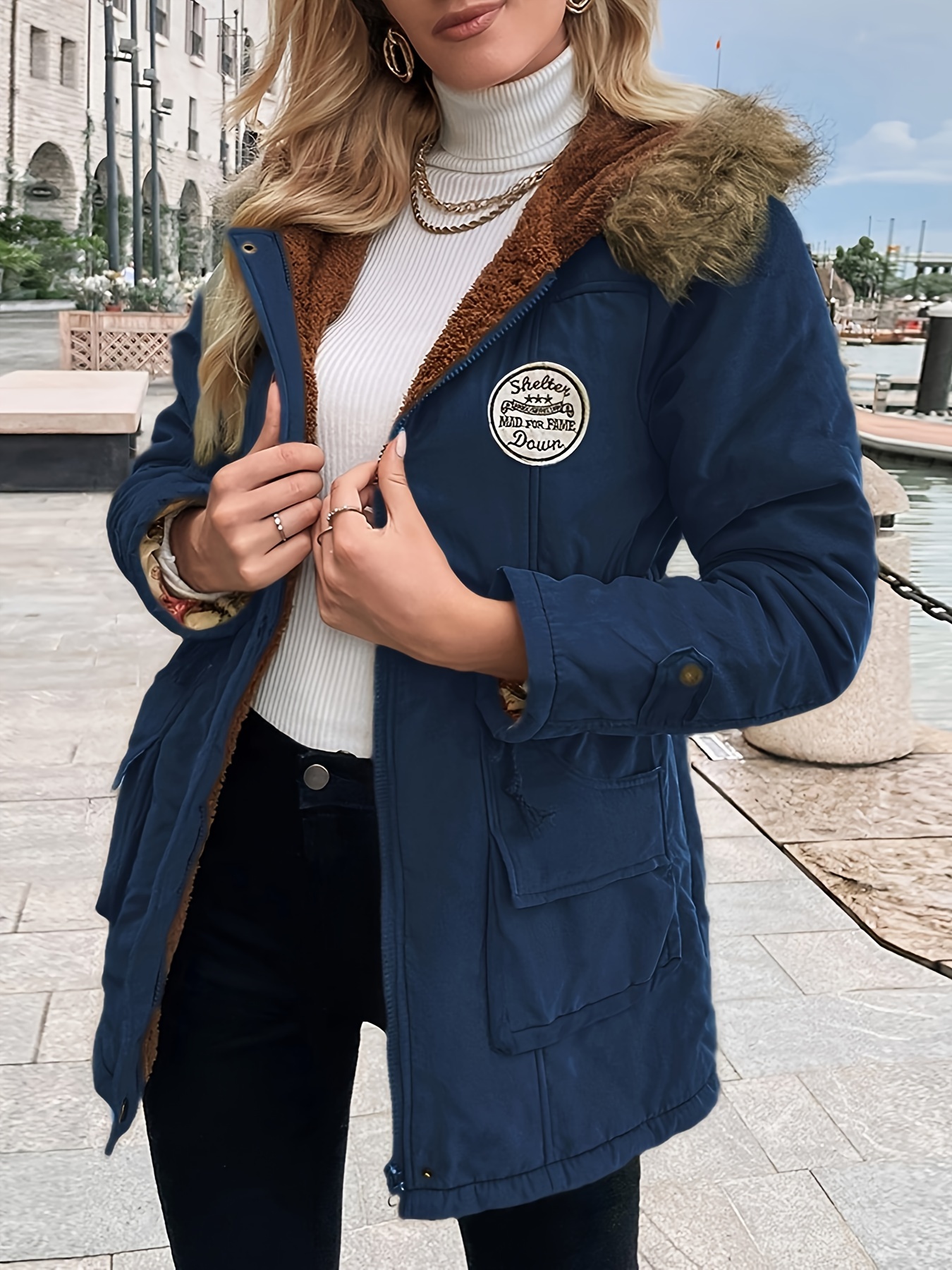Chaqueta de invierno para mujer, abrigo midi cálido con múltiples bolsillos, cintura ajustable con cordón y capucha, color sólido casual, lavable a máquina, talla regular para clima frío, chaqueta de invierno, ropa exterior duradera - Imagen 3