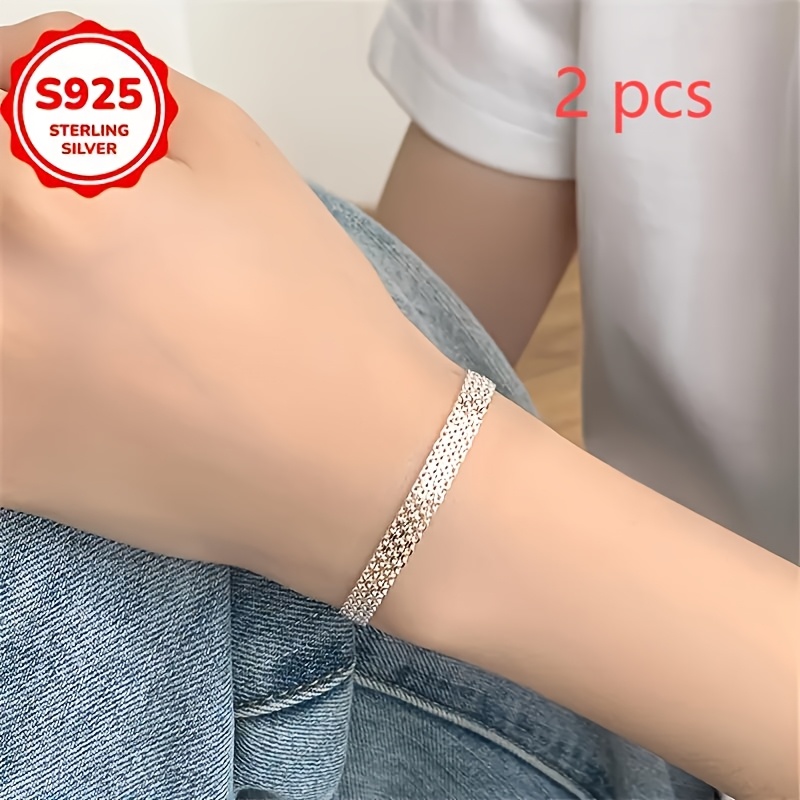 2pcs S925 Pure Silvery Unisex Mesh Chain Bracelets