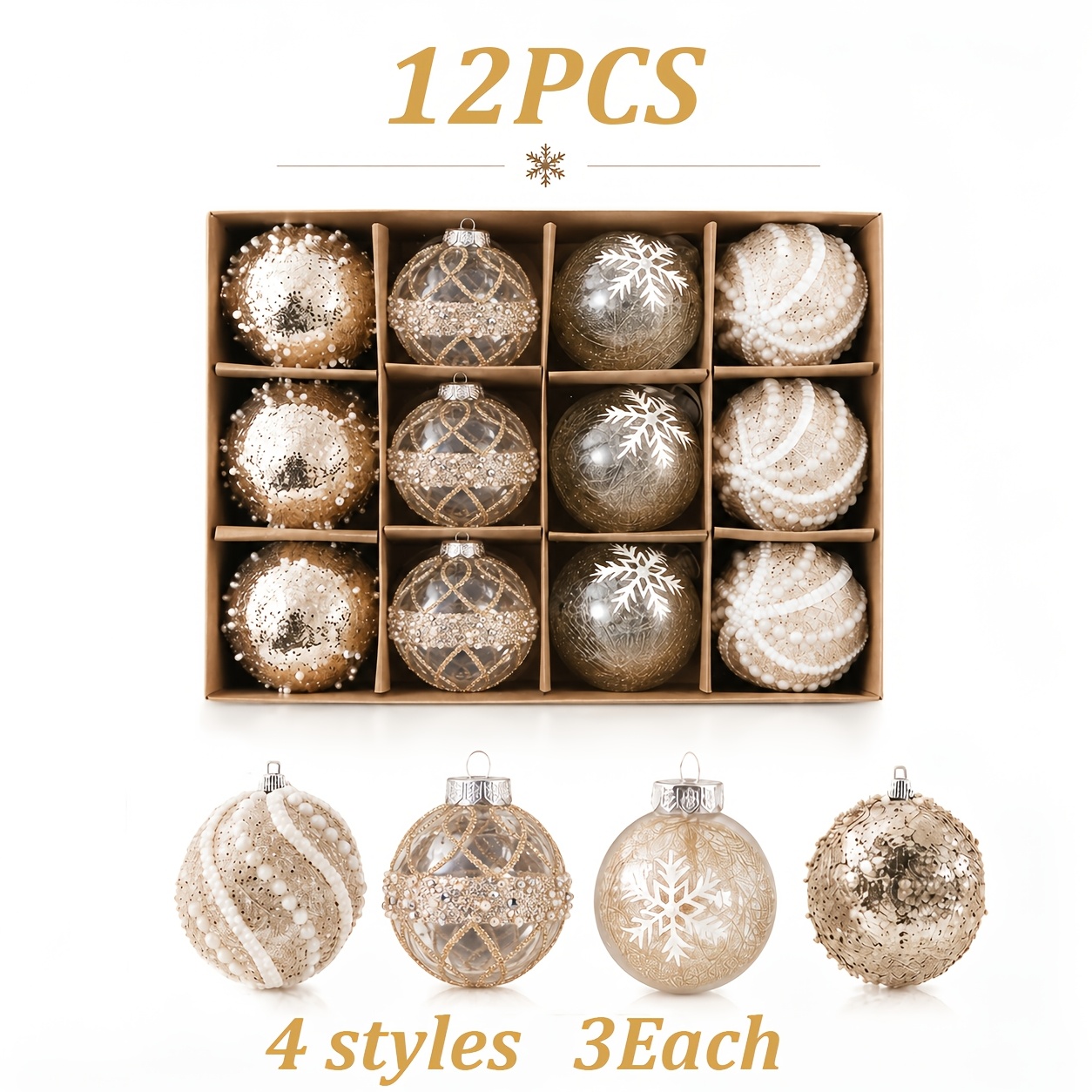 TEMU 12pcs 3.15in Christmas Ball Ornaments, 4 Styles Glitter Pearl Snowflake Hanging Baubles, Elegant Sweet Christmas Decorations For Holiday Party,